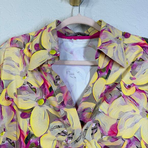 CHIARA BONI Blouse LG Point Collar V-Neck Split Cuffs Ruched Split Cuffs Floral - Picture 5 of 14